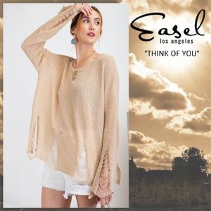 📌 EASEL “Think Of You” Distressed Lightweight Knit Top Semi-Sheer Slouchy Look